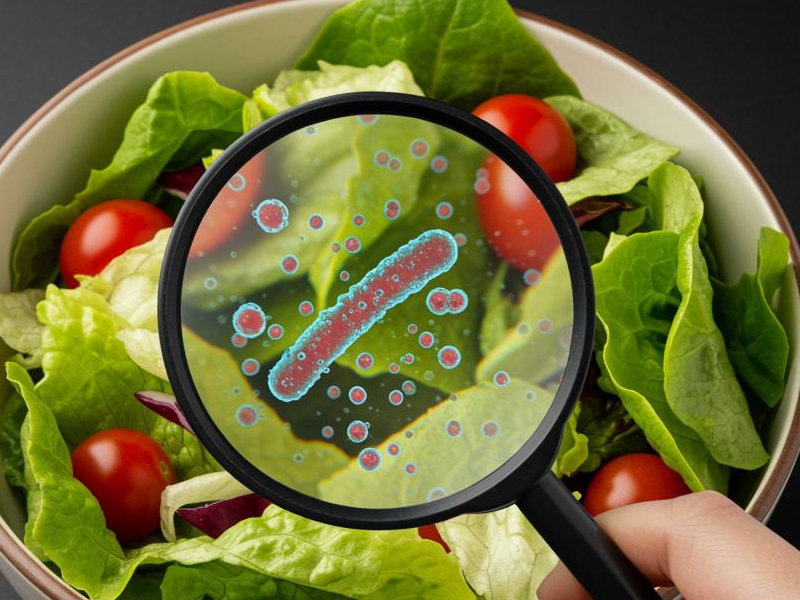 A bowl of salad with a magnifying glass over it showing bacteria and microbes