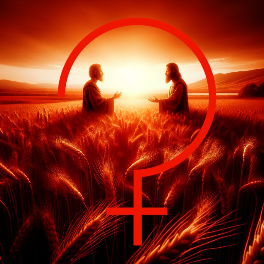 Two men in biblical attire, facing up to each other in a wheat field. Overlain is the astrological symbol of Ceres