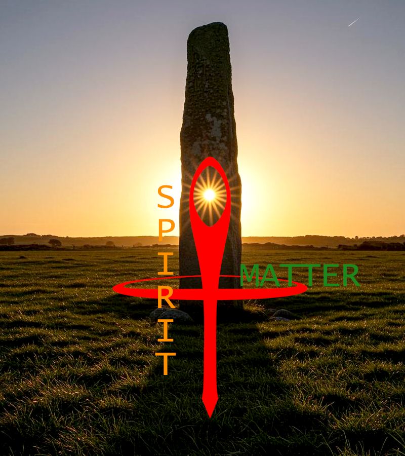 The sun shines through the watcher's hole in a menhir. Overlain is a downward arrow running through a horizontal circle, similar to an ankh, with the word spirit written vertically, and the word matter, written horizontally.