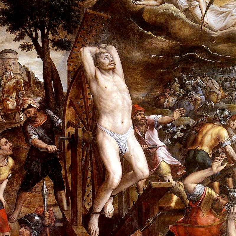 The figure of a man, strapped to a torture wheel, with adjacent spiked wood. Roman soldiers are performing the act. A man in the crowd wears a phrygian cap