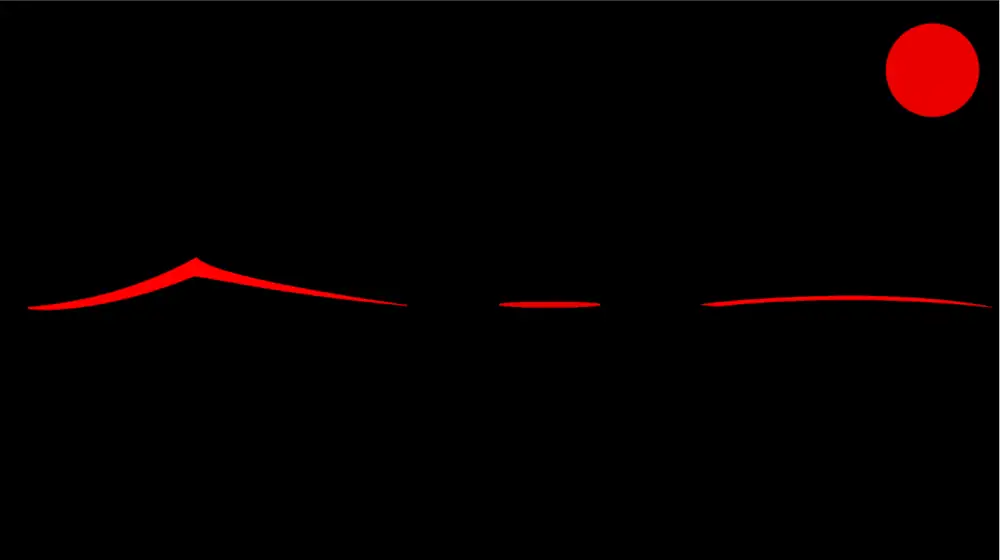 A minimalist zen drawing of a landscape outline in red, single mountain, and a red disc in the top right corner