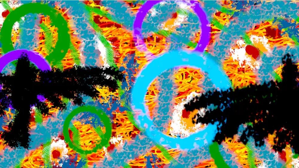 A view of the top of a black bird flying over a messy arrangement of multi-coloured circles and lines.