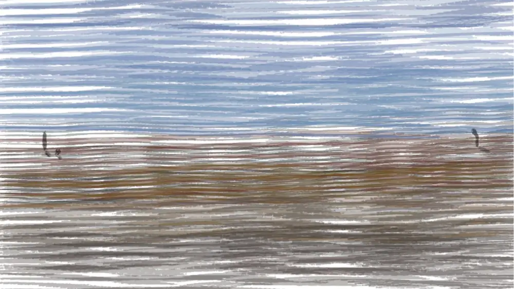 A chalk drawing with a blue sky and brown earth landscape in long, wavy horizontal stokes. To the far right stands the small silhouette of a person, slightly bent over, to the far left, the silhouette of another person walking away with a small figure by its side