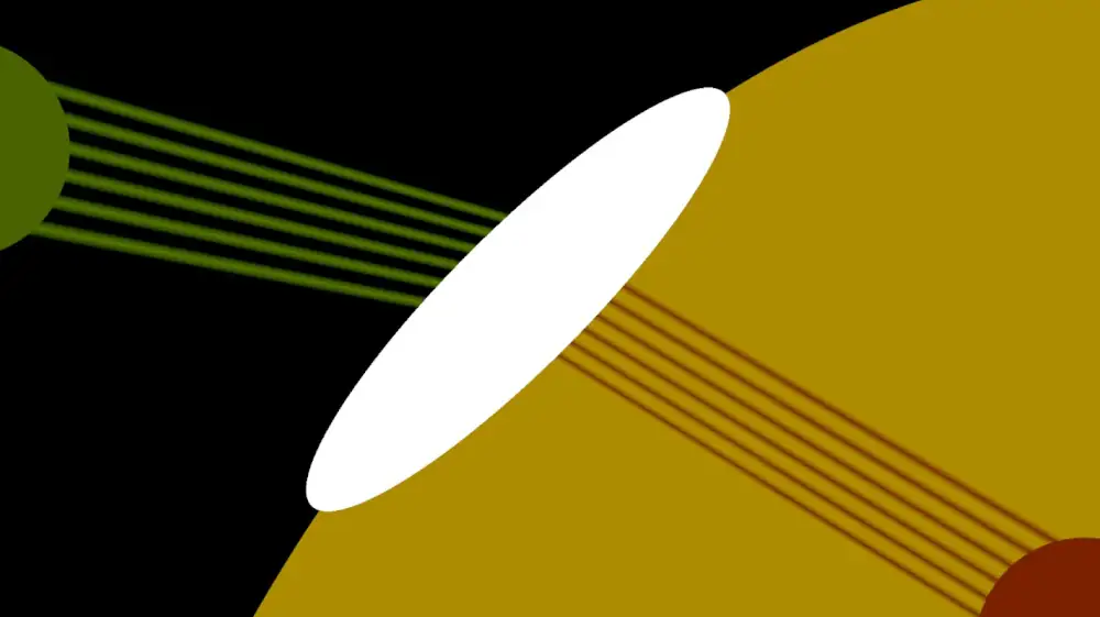 A curved diagonal line separates a black and yellow area. A white lens shape sits on the line. A green semi-circle emits six lines of green toward the white lens, they are bent in direction and become red before moving on to a red receptacle in the bottom right corner