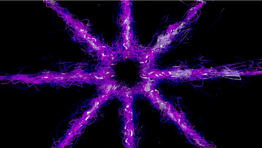 A circle with eight evenly spaced arms, like a wheel, made from squiggles of purple, white and blue, on a black background