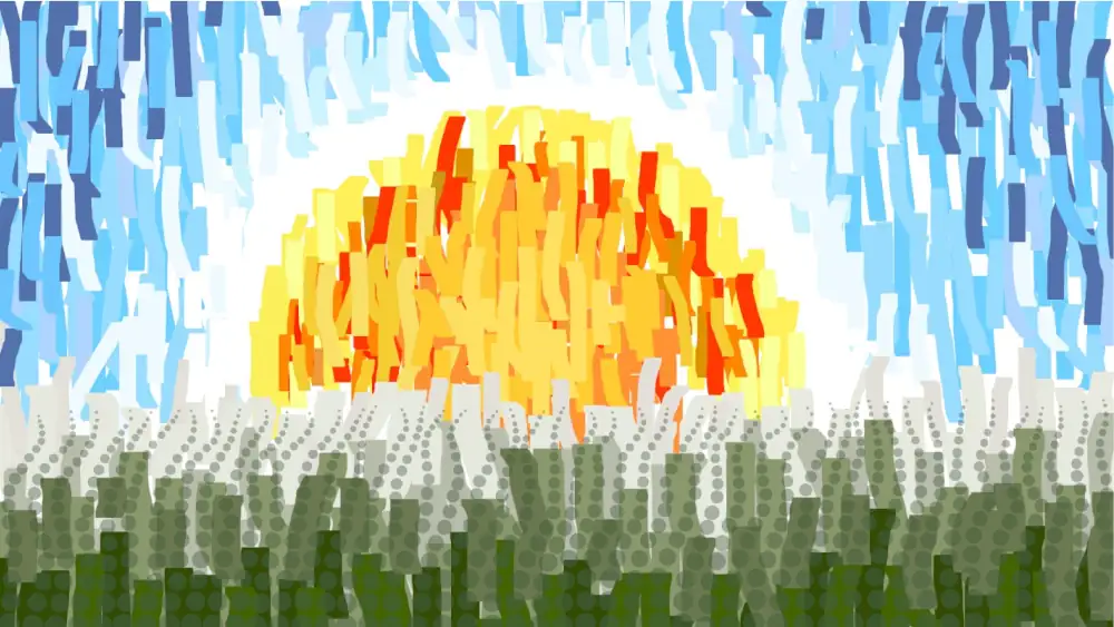 An abstract painting of a sunrise in thick strokes of colour, green grass, blue sky