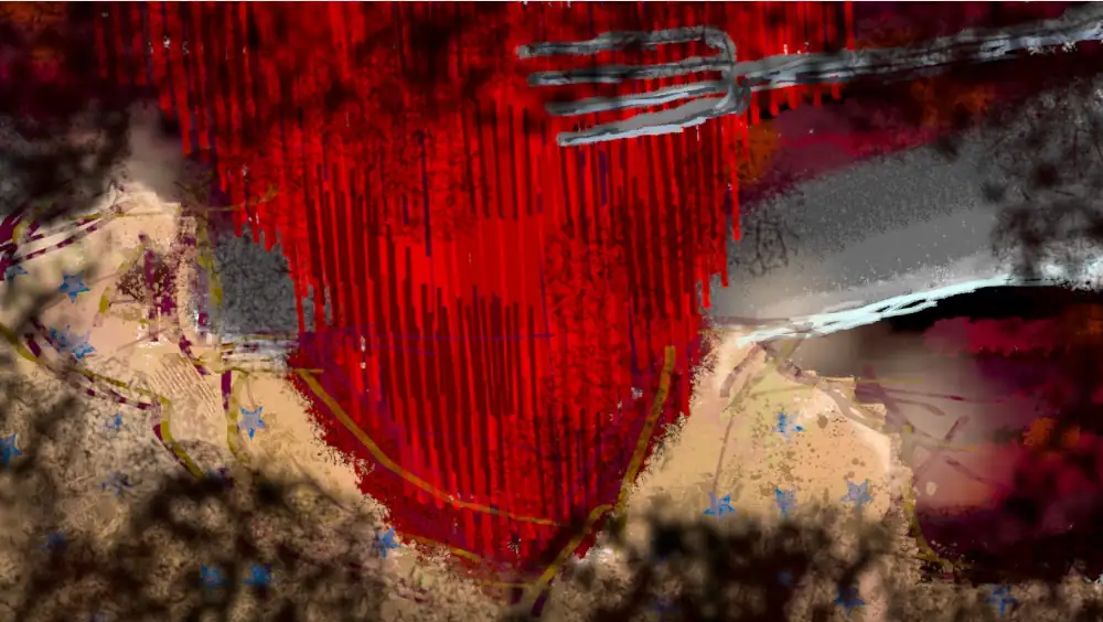 A mess of red, black, and flesh colour, with rough silver fork and knife