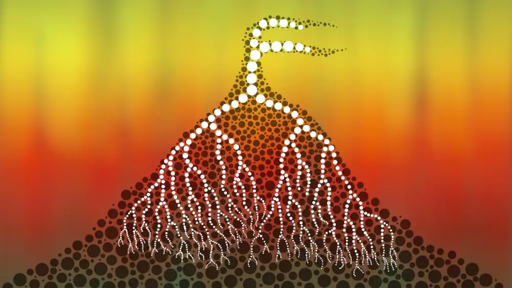 A mountain made from brown dots with a lung-like bronchial tree expanding down from the top in white dots, on a background of red bleeding into yellow 
