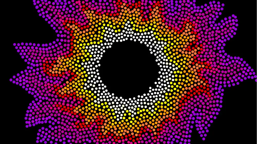 An explosion of coloured dots emerging from a black circle, concentrically arranged in fiery bands of white, yellow, orange, pink and purple