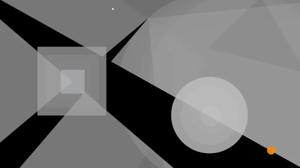 A black and grey composition of squares, circles and skewed angular spaces with one small white dot toward the top