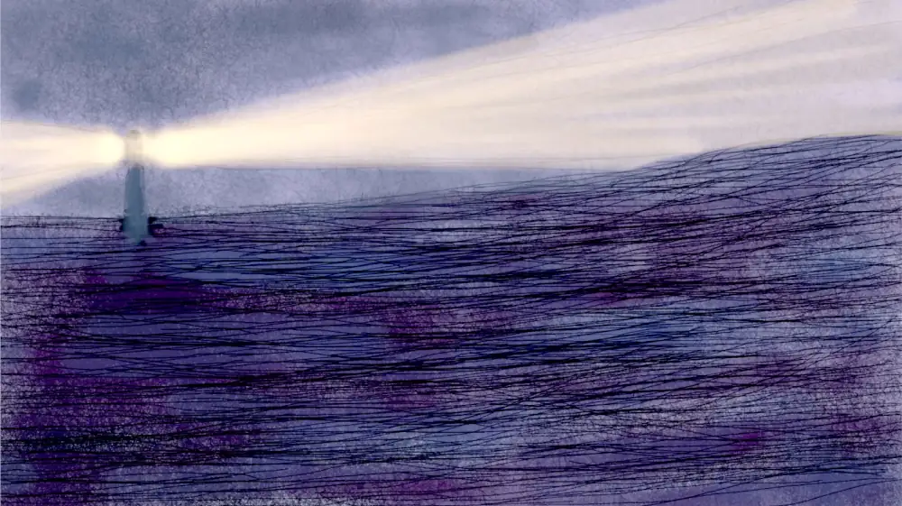 Watercolour and ink drawing of a lighthouse in a sea of purple, blue, and black, emitting two beams of light across a grey sky