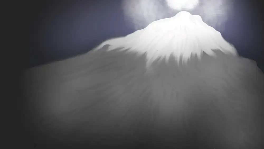A simple painting of a grey mountain with a white top and a white glow above