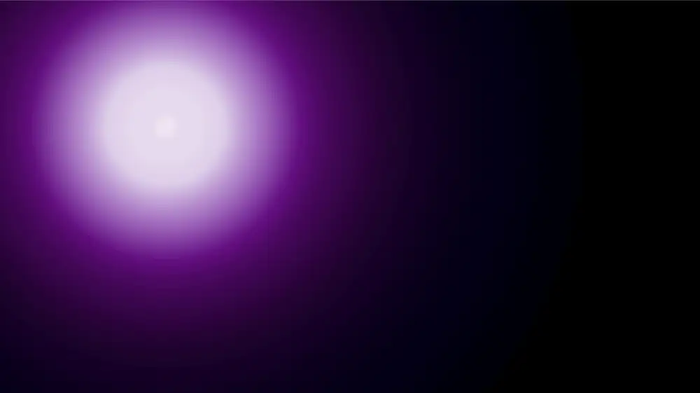 A white glowing sphere, top left, with purple outer glow, on a dark black-purple background