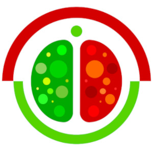 Mind finger logo - a red and green brain surround by red and green semi circles 