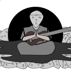 A black and white illustration of a monk-like guitar player sitting in front of a black moon.