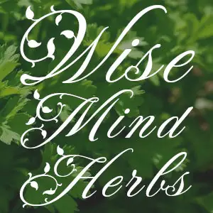 Wise Mind Herbs graphic with floral cursive writing in front of a sprig of parsley