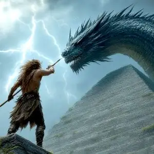 A ragged figure on a pyramid fighting a dragon with a spear