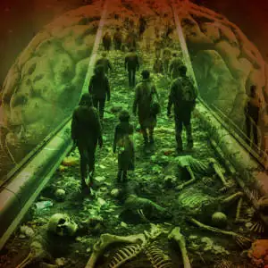 An dystopian image of dishevelled people walking up a treadmill littered with toxic waste and bones.